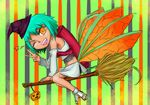  1girl :d backpack bag broom fuu_(naruto) green_hair hat looking_at_viewer naruto naruto_shippuuden open_mouth orange_eyes rough sitting smile solo touka002302 v wings wink witch_hat 