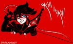  ashley_ann_swaby bared_teeth black_hair blue_eyes copyright_name elbow_gloves gloves kill_la_kill matoi_ryuuko multicolored_hair portrait red red_hair scissor_blade senketsu short_hair solo two-tone_hair 