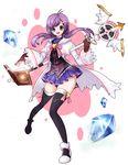  aisha_(elsword) bad_id bad_pixiv_id black_legwear book bow crystal elemental_master_(elsword) elsword full_body gloves hair_ornament hairclip highres holding holding_wand jacket long_hair picnew_(pm12x00) pink_bow purple_eyes purple_hair purple_skirt shawl skirt smile solo staff thighhighs twintails wand zettai_ryouiki 