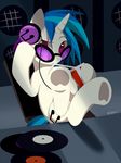  beverage blue_hair chair cutie_mark dj drink equine eyewear female feral friendship_is_magic fur hair headphones horn horse leaning leaning_back long_hair looking_at_viewer mammal my_little_pony pony purple_eyes record records sitting solo speakers straw sunglasses two_tone_hair unicorn vinyl_scratch_(mlp) white_fur 