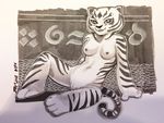  anthro breasts demale dipstick_tail dreamworks feline female ivybeth kung_fu_panda looking_at_viewer mammal master_tigress monochrome nipples nude pussy ringed_tail sitting smile solo tiger 