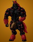  anthro balls biceps big big_balls big_muscles big_penis black_fur body_markings bulge demon equine erection evil fangs front fur glowing glowing_eyes gradient_background hair hooves horse humanoid_penis hybrid invalid_color loincloth looking_at_viewer male mammal markings muscles nipple_piercing nipples pecs penis piercing plain_background pose red_eyes red_fur red_hair rekhit smile solo standing stripes sudonym teeth toned topless 