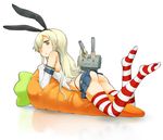  :&lt; animal_ears ass bunny_ears carrot elbow_gloves fake_animal_ears full_body gloves hairband kantai_collection long_hair looking_back lying nagian no_shoes on_stomach rensouhou-chan sailor_collar shimakaze_(kantai_collection) skirt socks solo striped striped_legwear thighhighs white_gloves 