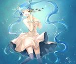  blue_eyes blue_hair bracelet dress fish hatsune_miku jewelry kazi long_hair one_eye_closed open_mouth solo thighhighs twintails underwater very_long_hair vocaloid 