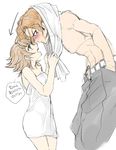  1girl after_shower bad_id bad_pixiv_id belt_buckle black_pants blush brown_hair buckle danganronpa danganronpa_1 fujisaki_chihiro genderswap genderswap_(mtf) green_eyes hair_down height_difference long_hair oowada_mondo otoko_no_ko pants runi_(geeniee25) shirtless towel translated 