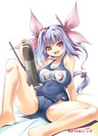  :3 :d akazawa_red arm_support bangs barefoot blue_hair blue_swimsuit blush breasts breasts_apart cameltoe cleavage covered_navel crotch dated fang fat_mons gradient hair_ornament hair_ribbon holding i-19_(kantai_collection) kantai_collection large_breasts long_hair looking_at_viewer name_tag naughty_face number one-piece_swimsuit open_mouth radio_antenna red_eyes ribbon school_swimsuit sideboob signature simple_background sitting smile solo spread_legs star star-shaped_pupils swimsuit symbol-shaped_pupils torpedo turret twintails weapon white_background wide_hips 