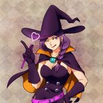 1girl armpits belt black_dress black_gloves breasts brown_eyes brown_hair buttons capcom cape cleavage cloak collarbone dress gloves gyakuten_saiban gyakuten_saiban_5 hat hips large_breasts lips lisptick long_hair ponta_(gyakuten_saiban) purple_eyes purple_hair smile solo wand wide_hips witch witch_hat yuugami_kaguya 