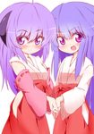  bare_hips blue_hair detached_sleeves furude_rika hakama hanyuu higurashi_no_naku_koro_ni hip_vent holding_hands horns interlocked_fingers japanese_clothes long_hair miko multiple_girls okumari purple_eyes purple_hair red_hakama 