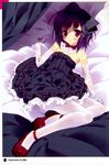  absurdres bare_shoulders bed bed_sheet black_dress black_hair bow curtains dress elbow_gloves full_body gloves hair_bow highres lace lace_gloves lying on_bed pantyhose purple_eyes red_footwear shoes solo tsurusaki_takahiro white_gloves white_legwear 