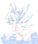  bare_shoulders blue_eyes blue_hair blush bow cirno commentary hair_bow ice ice_wings touhou towel wading water wings yuuki_(yuyuki000) 