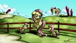  clouds cutie_mark equine esuka female feral fluttershy_(mlp) friendship_is_magic frown fur green_eyes group hair horse long_hair looking_back mammal my_little_pony outside pegasus pink_hair pony sky smile standing wings yellow_fur 