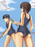  bad_id bad_pixiv_id black_hair broom brown_eyes brown_hair eyepatch goji_(five_clock) long_hair multiple_girls one-piece_swimsuit ponytail sakamoto_mio school_swimsuit short_hair strike_witches swimsuit takei_junko world_witches_series 