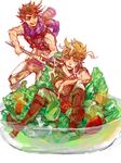  blonde_hair brown_hair caesar_anthonio_zeppeli facial_mark fork jojo_no_kimyou_na_bouken joseph_joestar_(young) male_focus midriff multiple_boys namesake pun salad salad_dressing scarf tegaki 