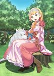 blonde_hair boots braid cape cross-laced_footwear dress grass green_eyes hair_over_shoulder hair_ribbon hairband happy lace-up_boots original ribbon single_braid sitting sitting_on_tree_stump smile solo tree tree_stump wolf 