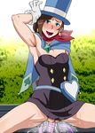  1girl arm_up armpits blue_eyes blush bottomless breasts brown_hair capcom cloak earrings gloves gyakuten_saiban hat insertion jewelry looking_at_viewer magician miniskirt naruhodou_minuki no_panties object_insertion open_mouth outdoors outside pussy pussy_juice skirt small_breasts spread_legs sweat tongue uminekosanta uncensored vaginal vibrator 