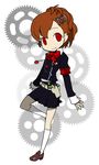  armband brown_hair chibi daizan_(mount_position) evoker female_protagonist_(persona_3) gears hair_ornament hairclip headphones headphones_around_neck holster kneehighs loafers persona persona_3 persona_3_portable persona_q:_shadow_of_the_labyrinth persona_q_(series) red_eyes s.e.e.s school_uniform shoes short_hair skirt solo 