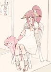  animal_ears brown_hair carrot chair closed_eyes crossover dress fukiishi_ayako glasses hide_(lindalindalinda) highres long_hair my_little_pony my_little_pony_friendship_is_magic original pink_hair pinkie_pie ponytail sitting smile tail yakibuta_(shimapow) 