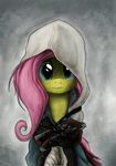  assassin&#039;s_creed assassin's_creed clothing crossover equine female feral fluttershy_(mlp) friendship_is_magic fur green_eyes gun hair hewison hood horse long_hair looking_at_viewer mammal my_little_pony pegasus pink_hair pistol plain_background pony ranged_weapon solo video_games weapon wings yellow_fur 