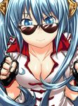  aqua_eyes aqua_hair black_gloves breasts cleavage cosplay fingerless_gloves gloves hair_ornament kaho_(amal135) large_breasts league_of_legends lee_sin lee_sin_(cosplay) long_hair popped_collar solo sona_buvelle sunglasses twintails 