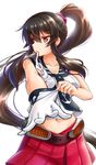  adjusting_clothes adjusting_gloves black_hair breasts collarbone gloves kantai_collection large_breasts long_hair midriff navel okitakung pleated_skirt ponytail red_eyes red_skirt skirt solo white_gloves yahagi_(kantai_collection) 