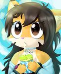  brown_eyes brown_hair cat cloud clouds creiss cute drinking feline fur hair holding_cup lyeni mammal markings necklace orange_fur sky smoothie stare white_fur 