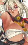  absurdres arm_up armpits bandages blonde_hair blush breast_hold breasts budget_sarashi cape cleavage covered_nipples dark_skin exaxuxer fingerless_gloves glasses gloves headgear highres huge_breasts kantai_collection long_hair looking_at_viewer musashi_(kantai_collection) pointy_hair red_eyes rimless_eyewear sarashi solo sweatdrop underboob wavy_mouth white_hair 