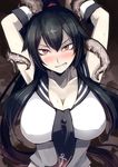  armpits arms_up black_hair breasts cleavage clenched_teeth gloves hetza_(hellshock) kantai_collection large_breasts long_hair looking_at_viewer ponytail profile red_eyes restrained solo teeth tentacles white_gloves yahagi_(kantai_collection) 