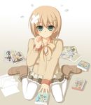  1girl aose_saratoga aqua_eyes atelier_(series) atelier_totori bandage blush book boots bow brown_hair clumsy coat embarrassed filly_erhard hair_ornament hairpin looking_at_viewer pantyhose short_hair sitting smile tears wariza 