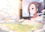  1girl alternate_hairstyle bath bathing blue_eyes blush breasts collarbone commentary_request high_ponytail indoors kagamihara_sakura large_breasts long_hair nude onsen partially_immersed partially_submerged plan_(planhaplalan) purple_hair sitting solo steam water wet wet_hair yurucamp 