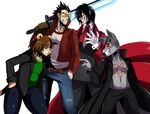  alucard_(hellsing) anthro belt black_hair canine crossover eyewear feline glasses gloves group hair hellshound hellsing human jacket jeans kira_(character) lion male mammal no_more_heroes psycat_(character) red_eyes skotavus smile sssonic2 sunglasses topless travis_touchdown undead vampire weapon wolf 