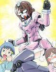  1girl blue_hair brown_hair glasses gundam gundam_build_fighters iori_sei kousaka_china long_hair mechanization niiyan nobel_gundam short_hair 