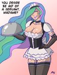  big_breasts breasts cleavage clothed clothing cosplay dialog elbow_gloves ethereal_hair female flowing_hair freckles friendship_is_magic gloves hair hair_over_eye hand_on_hip hat human humanized legwear lipstick looking_at_viewer maid maid_uniform mammal megasweet multi-colored_hair my_little_pony nipple_slip nipples platter princess_celestia_(mlp) purple_eyes short_skirt skirt smile standing stockings teeth text volumptious voluptuous 