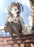  argyle argyle_sweater_vest bad_id bad_pixiv_id bag black_legwear blue_eyes dappled_sunlight fashion grey_hair hair_bobbles hair_ornament hairclip handbag hentai_ouji_to_warawanai_neko. lamppost legwear_under_shorts looking_at_viewer pantyhose railing short_hair short_shorts shorts sitting solo soulkiller sunlight sweater_vest tsutsukakushi_tsukiko vest 