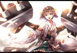  bare_shoulders blue_eyes brown_hair clenched_hands detached_sleeves hairband headgear hiei_(kantai_collection) highres japanese_clothes kantai_collection letterboxed nontraditional_miko open_mouth pantyhose ribbon-trimmed_sleeves ribbon_trim sakura_ani short_hair skirt solo 