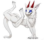  blue_eyes claws contortion flexible fur horn invalid_tag lyeni plain_background synx teeth twisted white_background white_fur 