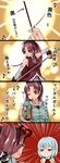  2girls 4koma aoshima blue_eyes blue_hair breasts comic food highres jitome large_breasts magical_girl mahou_shoujo_madoka_magica miki_sayaka multiple_girls musical_note partially_translated pocky polearm red_eyes red_hair sakura_kyouko shaking_head soul_gem spear translation_request weapon 
