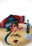  alcohol bad_id bad_pixiv_id bare_shoulders black_hair blue_hair blush bow detached_sleeves drunk eating food hair_bow hakurei_reimu highres jerky oshino_hazure ponytail sake solo tan tanline touhou 