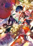  ;d alternate_costume bell black_hair black_wings blonde_hair blush bow brown_hair camera fan flower folding_fan gradient_hair hair_bow hair_flower hair_ornament hair_tubes hakurei_reimu hat japanese_clothes jingle_bell kagura_suzu kimono multicolored_hair multiple_girls one_eye_closed open_mouth oriental_umbrella purple_eyes purple_hair red_eyes ribbon shameimaru_aya short_hair shrine skirt smile tokin_hat touhou tsurukame umbrella wings yakumo_yukari 