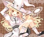  adapted_costume alternate_color argyle argyle_background blonde_hair bow braid brown_background checkered checkered_shirt hair_bow hand_on_headwear hat hat_ribbon hazakura_satsuki kirisame_marisa knees_together_feet_apart knees_up lace_border layered_clothing long_hair looking_at_viewer magic_circle mary_janes open_mouth puffy_sleeves ribbon shirt shoes simple_background single_braid skirt socks solo touhou vest wand witch_hat yellow_eyes 