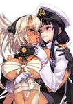  bad_id bad_pixiv_id black_eyes black_hair blonde_hair blush breasts budget_sarashi candy cleavage dark_skin eyewear_removed female_admiral_(kantai_collection) fingerless_gloves food glasses gloves grin hairband hand_on_another's_chin hand_on_another's_shoulder hat hug hug_from_behind kantai_collection large_breasts long_hair matsuryuu military military_uniform mouth_hold multiple_girls musashi_(kantai_collection) naval_uniform navel open_mouth peaked_cap pointy_hair red_eyes sarashi smile uniform white_gloves yuri 
