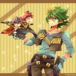  2boys adeu_warsam belt blonde_hair brown_background cape chibi closed_eyes cowboy_hat fringe_trim glasses green_eyes green_hair haou_taikei_ryuu_knight hat headband helmet hittel katze multicolored_hair multiple_boys pants pointy_ears red_hair round_eyewear shirt shooting-star smile star starry_background two-tone_hair vest 