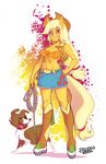  anthro anthrofied applejack_(mlp) blonde_hair boots breasts canine cleavage clothed clothing collar cowboy_boots cowboy_hat cutie_mark dog equine female freckles friendship_is_magic fur green_eyes hair hat horse lionalliance looking_at_viewer mammal my_little_pony navel neavel orange_fur pony rope short_skirt skirt tongue tongue_out winona_(mlp) 