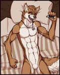  abs anthro bed biceps black_nose brown_eyes brown_fur brown_hair canine eyewear fangs feralise fur glasses grin hair ipod lying male mammal mp3 muscles necklace nude on_back open_mouth pecs pillow pose sheath smile solo tan_fur teeth toned tongue tuft wolf 
