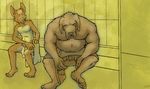  anthro bloodhound cameronwolfe canine chubby dog duo fennec flaccid fox gym humanoid_penis locker_room male mammal nude overweight penis plain_background size_difference small_penis 