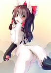  animal_ears arched_back ass back bad_id bad_nicoseiga_id bangs blush bow breasts brown_eyes brown_hair cowboy_shot embarrassed fox fox_ears fox_tail furrification furry hair_bow hair_ornament hair_tubes hakurei_reimu kagerofu long_hair looking_at_viewer looking_back no_humans nude open_mouth paws sideboob small_breasts smoke solo sweatdrop tail tongue touhou transformation transparent whiskers 