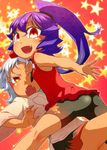  ass bad_id bad_pixiv_id bike_shorts blush fangs flat_chest hamahara_yoshio hat highres inubashiri_momiji kneepits multiple_girls open_mouth ponytail purple_hair red_eyes slit_pupils star sweat tokin_hat touhou white_hair wince yasaka_kanako younger 