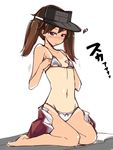  :&gt; barefoot bikini blush breast_conscious brown_eyes brown_hair flat_chest full_body hands_on_own_chest hat highres ippongui kantai_collection long_hair navel one-piece_tan ryuujou_(kantai_collection) sketch solo swimsuit tan tanline translated twintails v-shaped_eyebrows visor_cap white_background white_bikini 