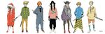  androgynous anklet black_hair blonde_hair blue_eyes boots bow bowtie coat drawstring facial_mark fashion fedora floral_print freckles full_body fur_trim gloves hand_on_hip hands_in_pockets harem_pants hat heart highres horns jacket jewelry jumpsuit kneehighs light_brown_hair long_hair looking_at_viewer makkamu multiple_boys necklace neon_genesis_evangelion no_eyebrows orange_hair original pants pom_pom_(clothes) sachiel sandals scarf sheath sheathed shoes shorts side_ponytail signature single_earring sneakers standing star striped sunglasses sweater sword track_jacket weapon white_background white_hair 