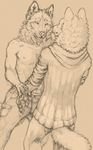  canine clothed clothing couple duo hand_holding line_art male mammal monochrome plain_background sekki topless wolf 