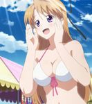  blush breasts brown_hair cleavage cloud day elsa_crucial long_hair purple_eyes sky solo sunlight swimsuit yuusha_ni_narenakatta_ore_wa_shibushibu_shuushoku_wo_ketsui_shimashita. 